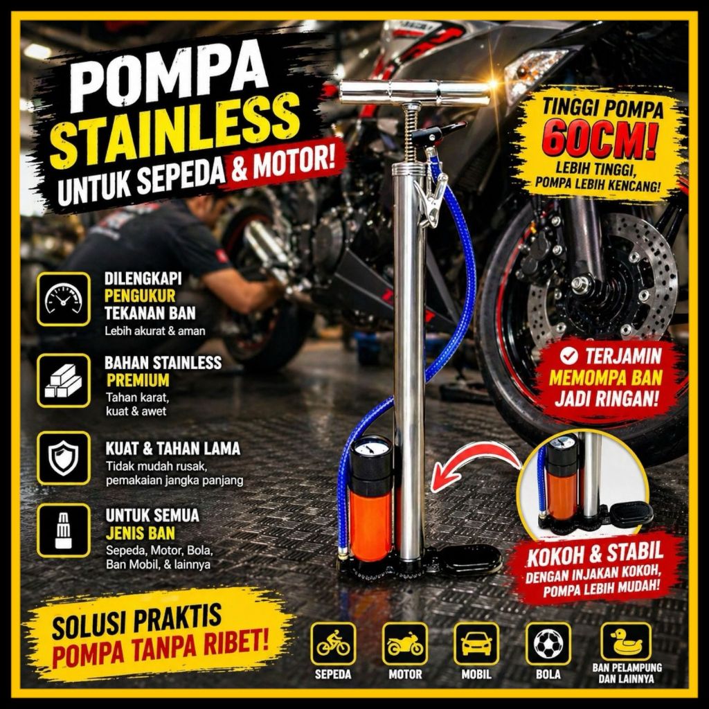Pompa Ban Sepeda Pompa Ban Motor Manual Panjang Angin Manual Pompa Motor Bola