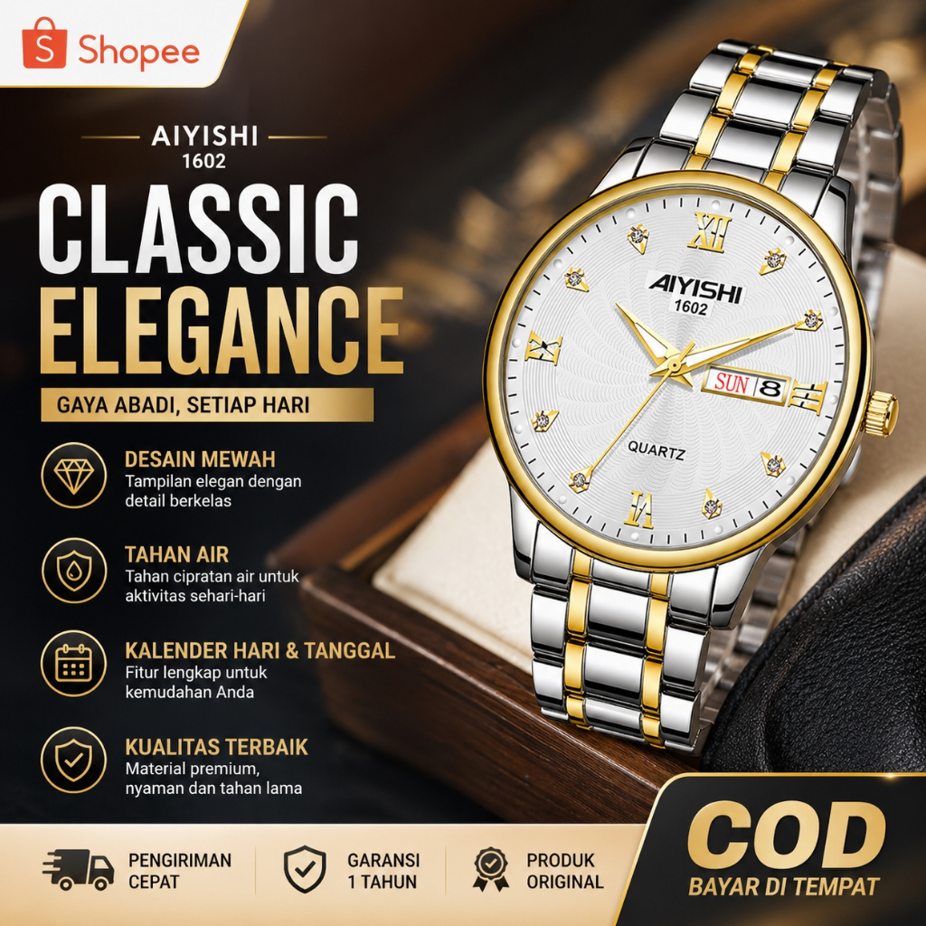 Aiyishi  Jam Tangan Pria Original Kuarsa Tali Stainless Steel Calendar Mewah Mode Pria Jam Tangan Co