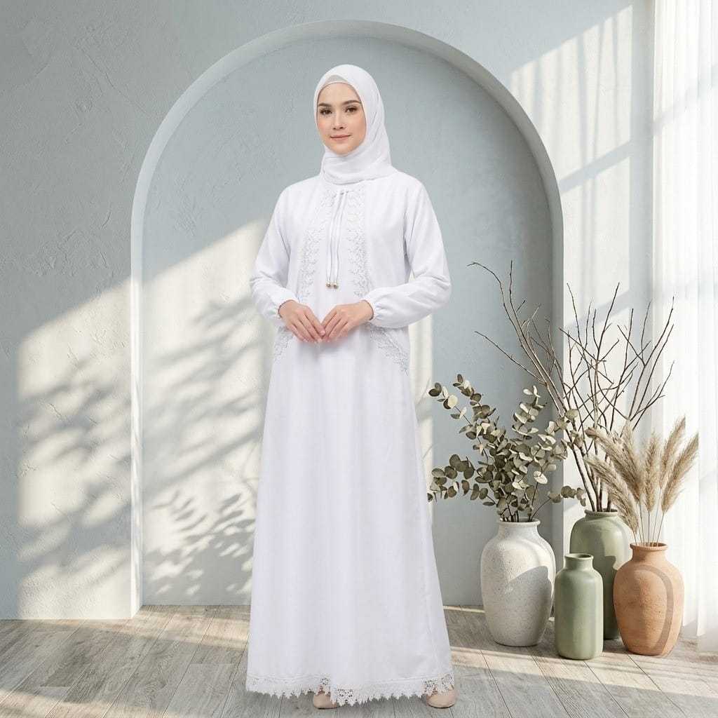 Gamis Putih Bersih Manasik Haji Umroh Model Rompi / Gamis Hitam Pekat Jetblack Variasi Renda Gold Ga