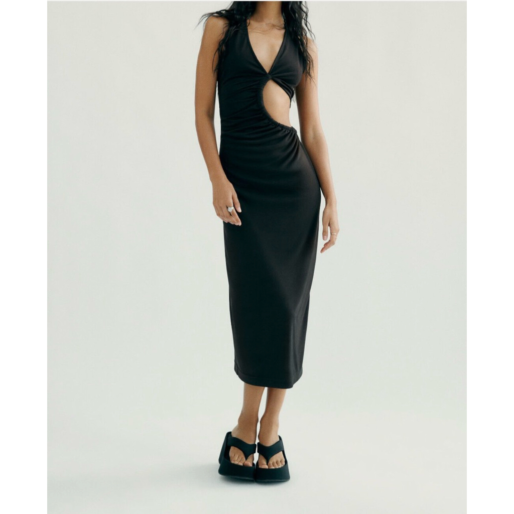 ZARA WOMEN'S CUT OUT MIDI DRESS BLACK