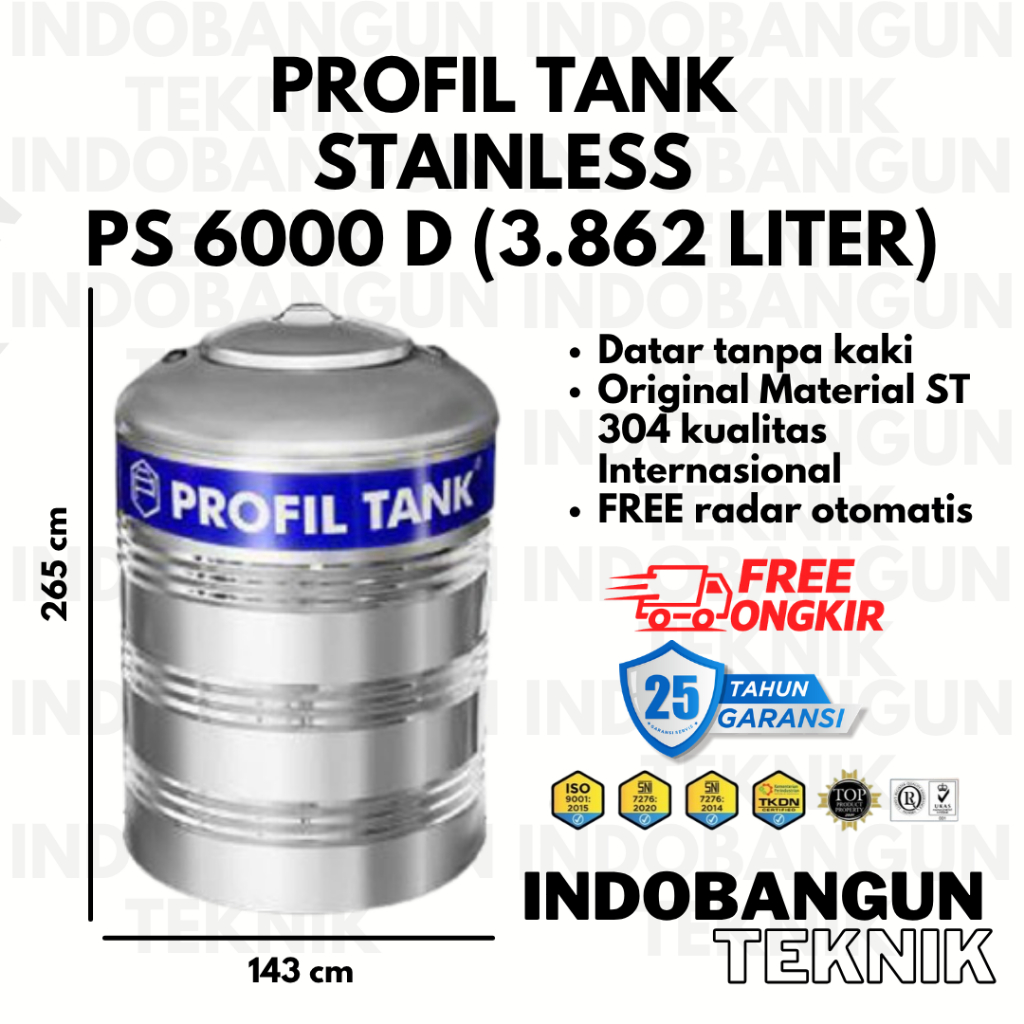 Profil Tank Stainless PS 6000 (3862 Liter) Datar Toren Tangki Tandon Air Tanpa Kaki Murah Bergaransi