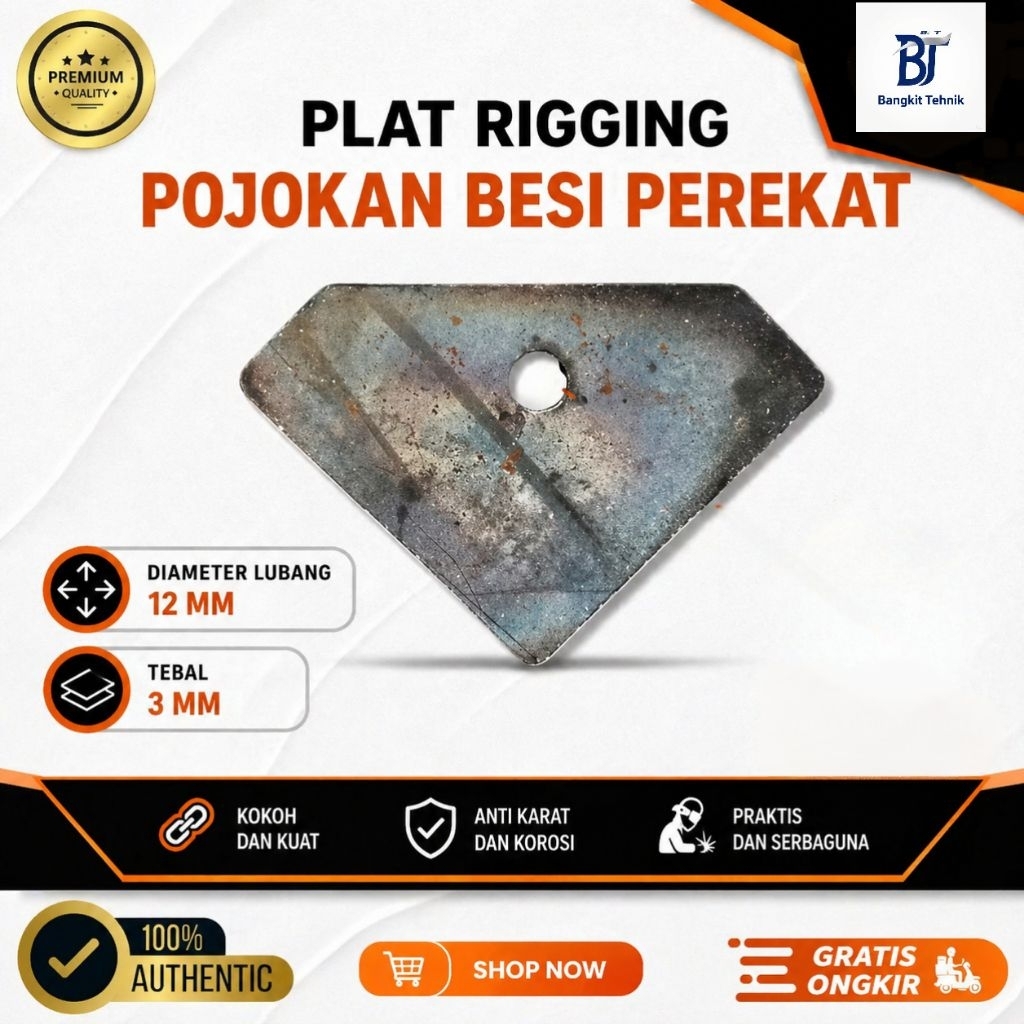 Plat Besi Rigging Pojokan Perekat Tebal 3 mm Lubang 12 mm