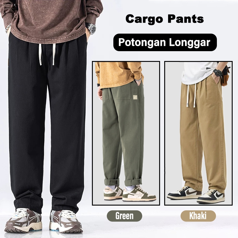 Celana Cargo Panjang Pria Hitam Korean Style Gombrong lurus Oversize Casual Stylish Cargo Pants