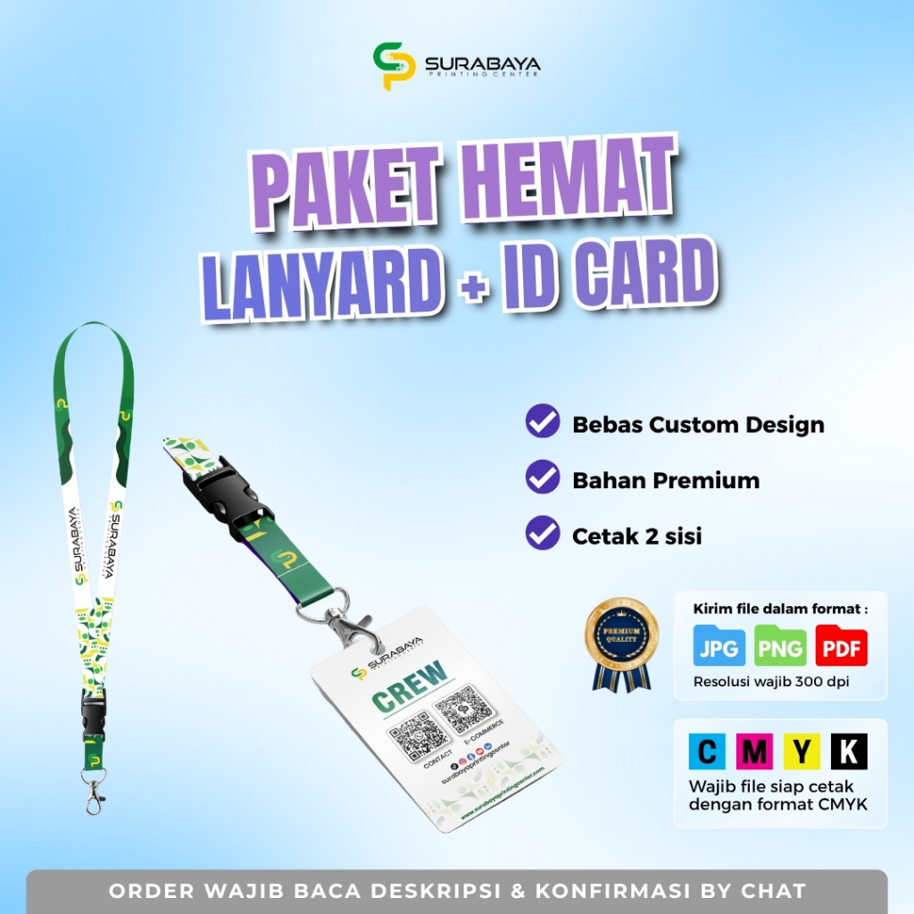 Paket Hemat Lanyard + Id card Custom 2 sisi FULL PRINT lebar 3 cm