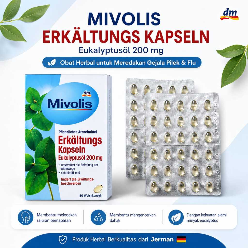 Mivolis Kapsul Flu Eucalyptus Oil 200mg – Obat Herbal Redakan Pilek, Hidung Tersumbat & Dahak (60 Ka