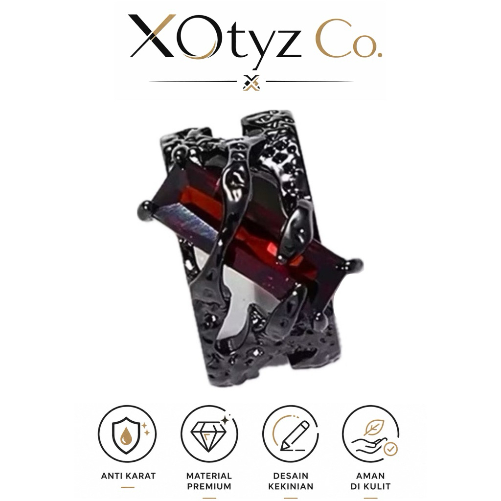 Cincin Retro Zircon Merah Hitam | Cincin Pria Wanita Unisex | Cincin Keren | Aksesoris