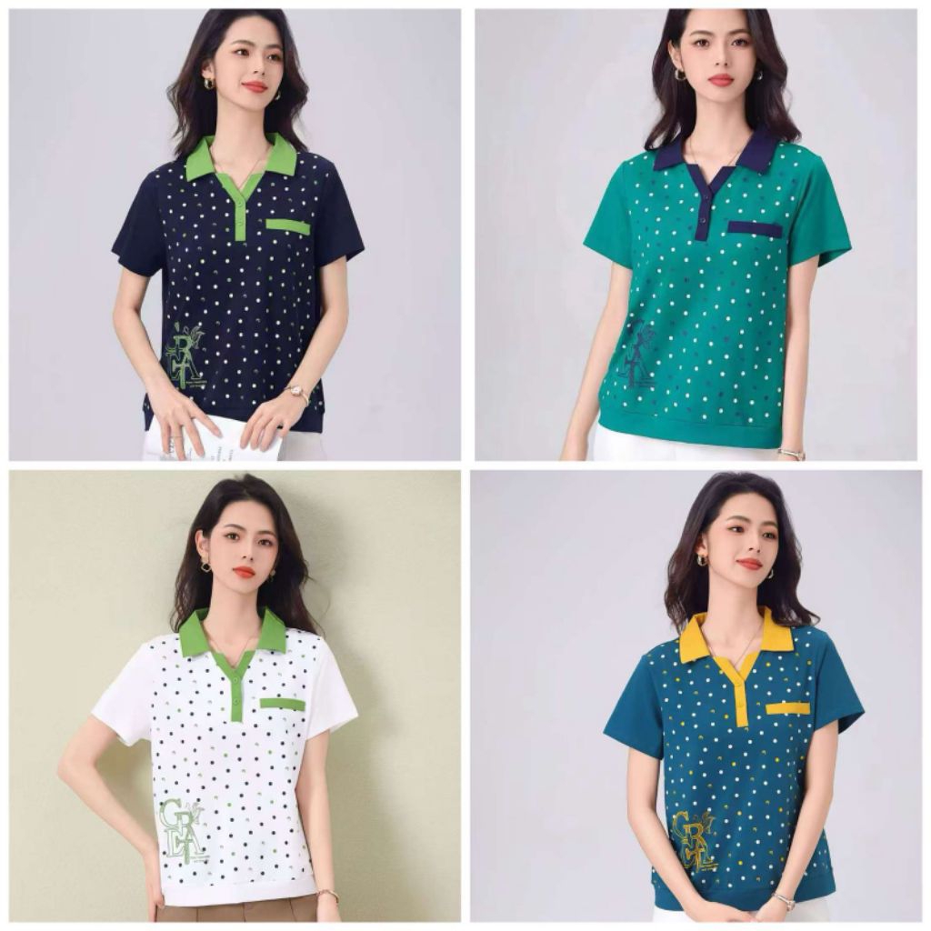 [ LadollyFashion ] - Kaos Kerah Polka Printing Wanita Premium YiZiJiao Stretch Import