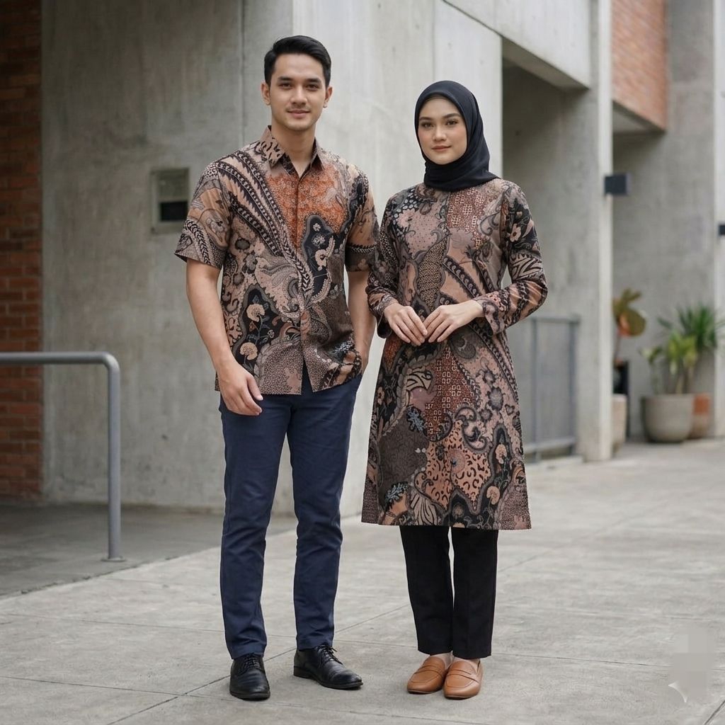 Batik Couple Wanita Warna Peach | Tunik Resleting Depan Bahan Katun Signature - Batik Pasangan Pria 