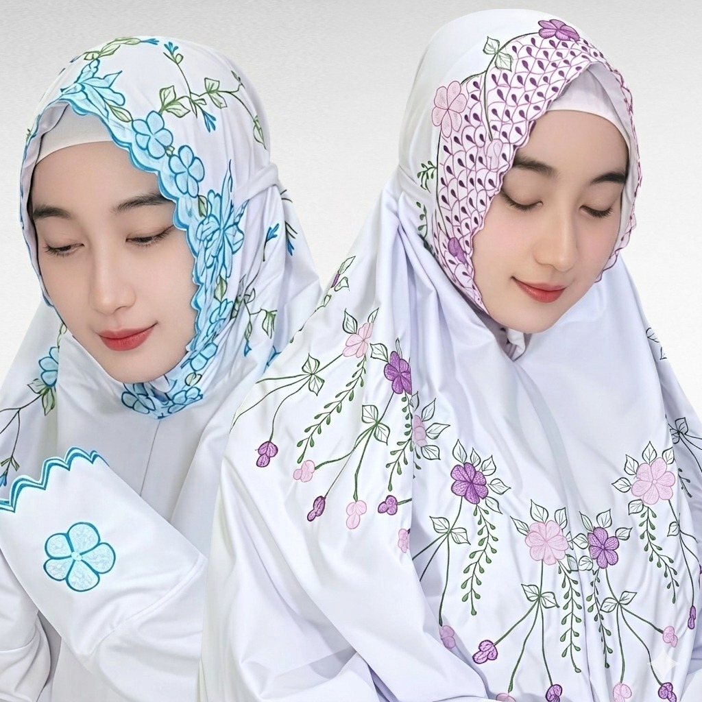 Mukena Terusan Bordir Manual Bunga Juntai dan Anggrek - Katun Mikro Premium Hitam Mewah & Nyaman