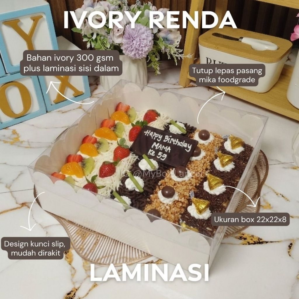 (10 LEMBAR) BOX HAMPERS TART IVORY RENDA LAMINASI TUTUP MIKA 22 X 22 X 8 CM, DUS DOS KEMASAN TART KO
