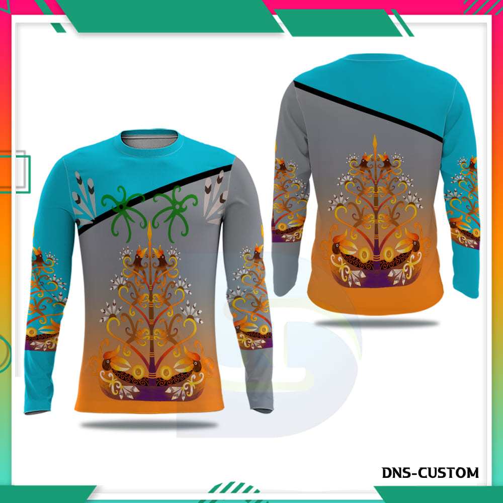 Baju Kaos Batik Dayak Pria Lengan Panjang Fullprint Free Custom