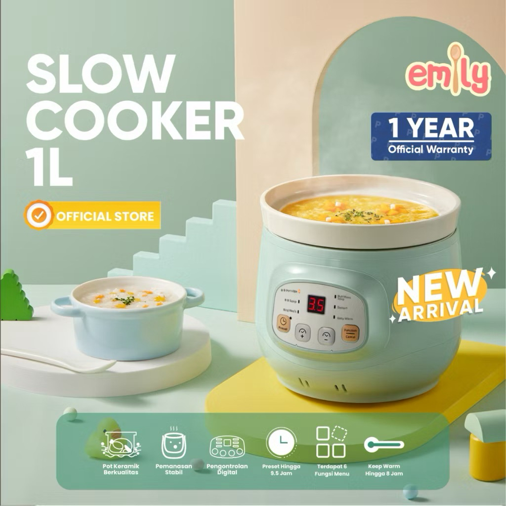 Emily Slow Cooker 1 Liter ESC-38007 - Kapasitas Besar, Nutrisi Terjaga, Preset Otomatis