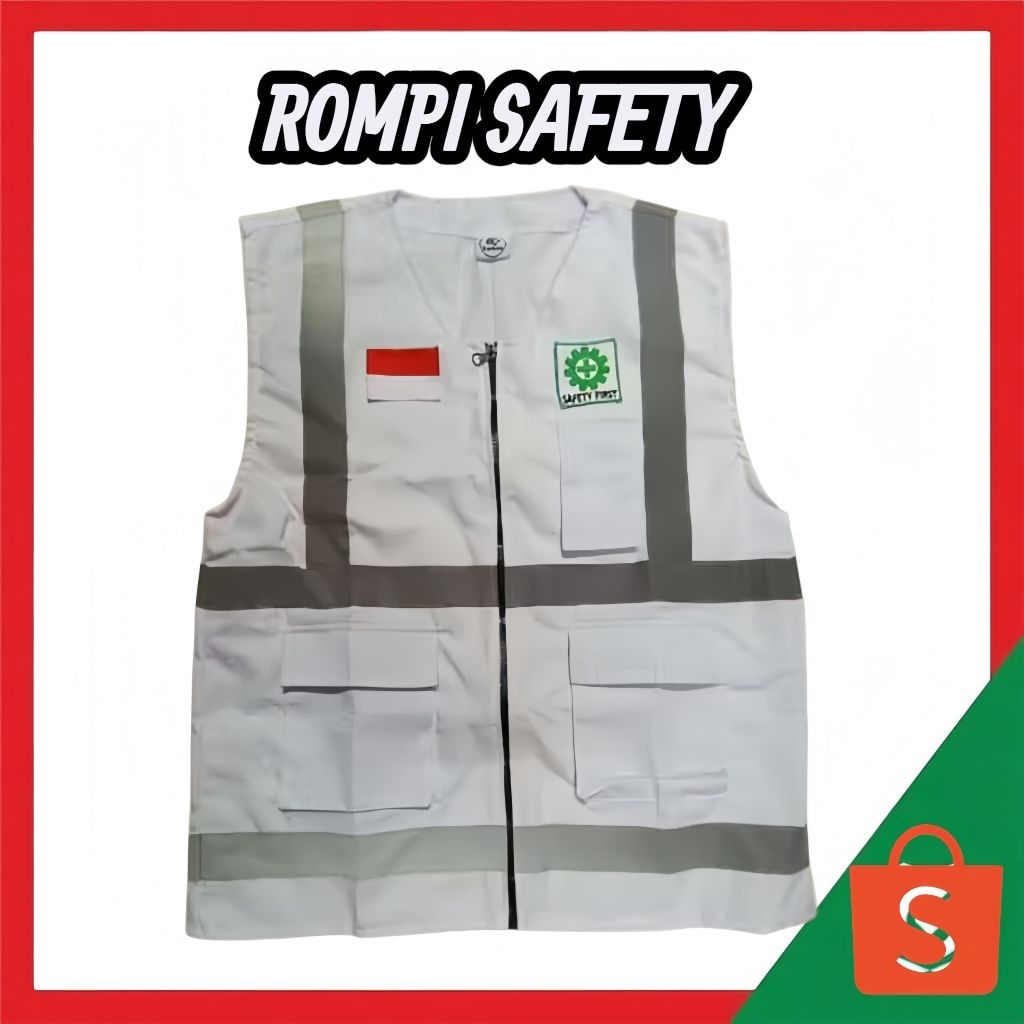Rompi safety bahan drill warna putih + logo/Rompi Safety