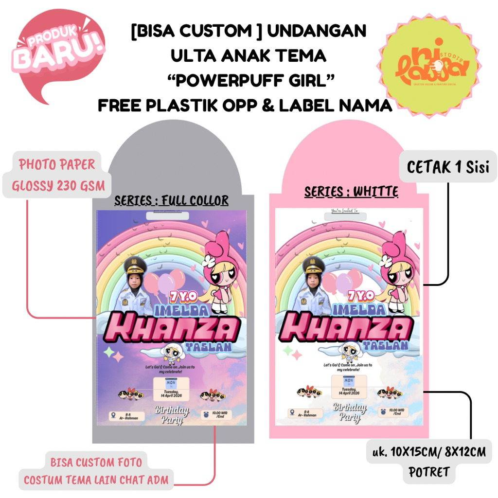 [BISA CUSTOM FOTO&TEMA] Undangan Ultah Anak Tema POWERPUFF GIRL Paper Photo Glossy 230 gsm FREE PLAS