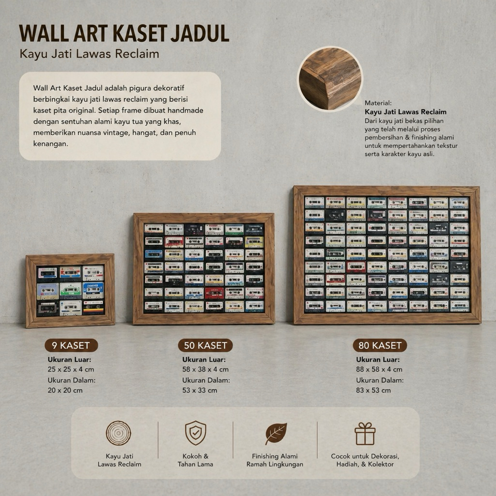 Wall Art Kaset Jadul Tanpa Kaca – Frame Kayu Jati Tua Bekas | Dekorasi Vintage Retro