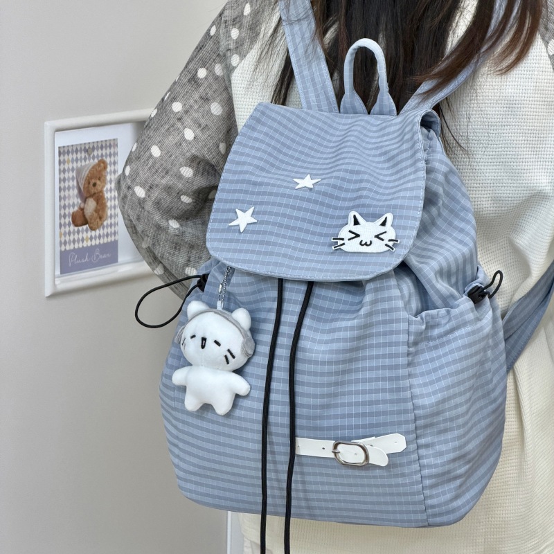Tas Ransel Wanita Kartun Kotak-kotak Kucing Versi Korea Baru Tas Serut Santai Wanita Tas Ransel Kota