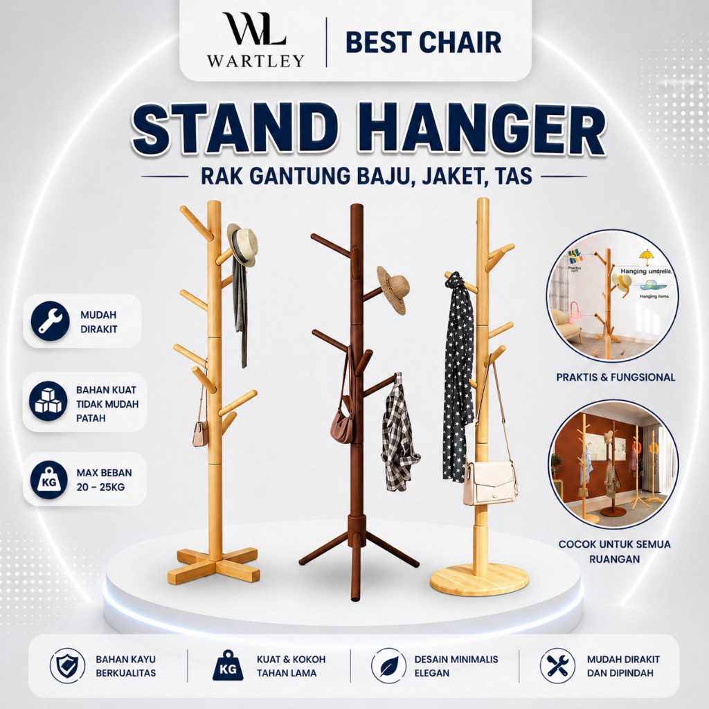 Stand Hanger Kayu Gantungan Baju Tas Gantungan Kayu Berdiri Multifungsi