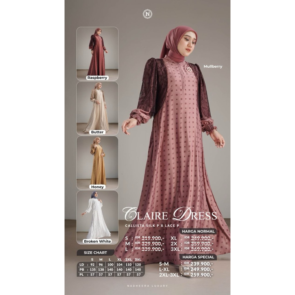 BISA COD  - CLAIRE DRESS/MIDI GAMIS MEWAH DRESS MOTIF NADHEERA LUXURY-INAYAH HIJAB