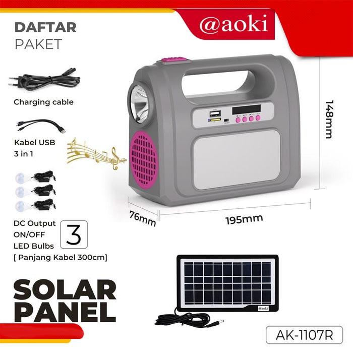 AOKI Solar AK-1107 R Power System Tenaga Surya Multifungsi dengan Pemutaran Audio