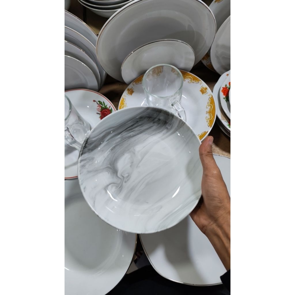 Piring Makan Keramik 8 Inch Motif Marmer Hitam Abu - Piring Cekung Estetik 6 pcs
