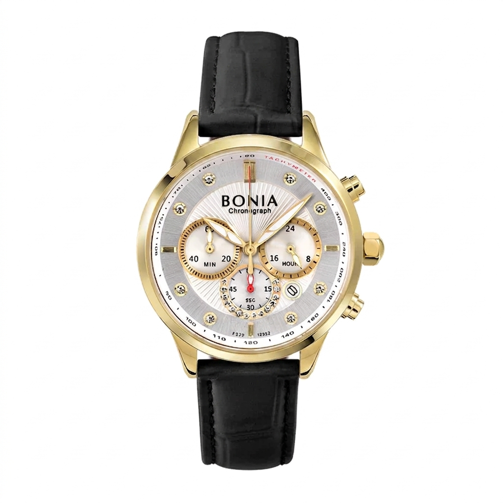 Jam Tangan Wanita Bonia Elegance Chronograph White Dial Leather Strap Analog B10802-2217C Original
