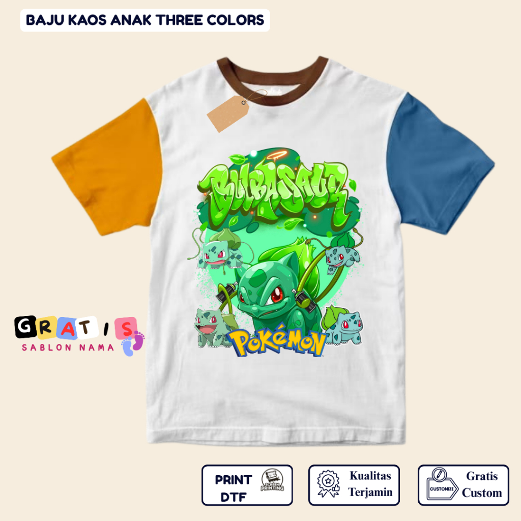shabira tas  - Kaos Anak POKEMON BULBASAUR GD  - Kaos Anak Pendek Three Colors Dino - Kaos Anak Sabl
