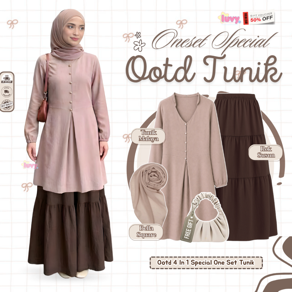 One Set Tunik Wanita Modern Katun Adem ( Tunik Malaya, Rok Susun, Hijab Bella Square ) Lace OneSet T