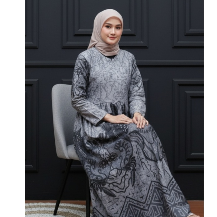 Gamis Batik Wanita Standar Jumbo Warna Abu | Gratis Bonus Spesial | Elegan Siap Kondangan