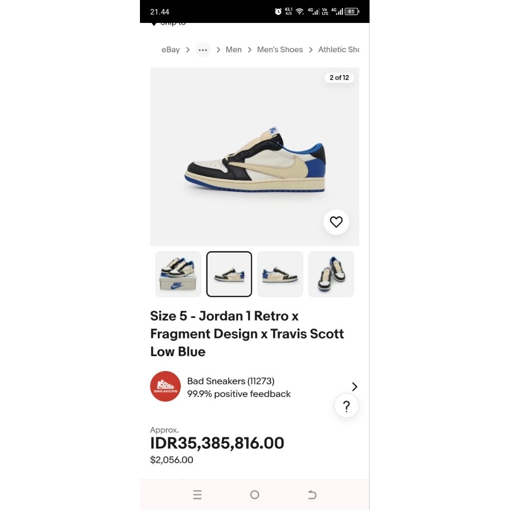 NIKEE JORDAN 1 RETRO X FRAGMENT DESIGN X TRAVIS SCOTT LOW BLUE ORIGINAL