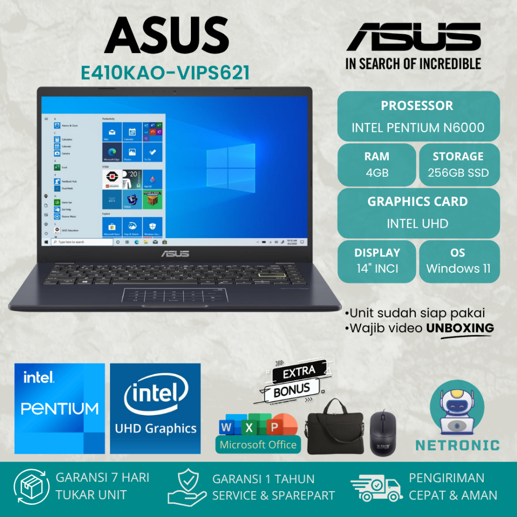 ASUS E410KAO-VIPS621 INTEL PENTIUM N6000 4GB SSD 256GB 14" FHD BACKLIT NUMPAD