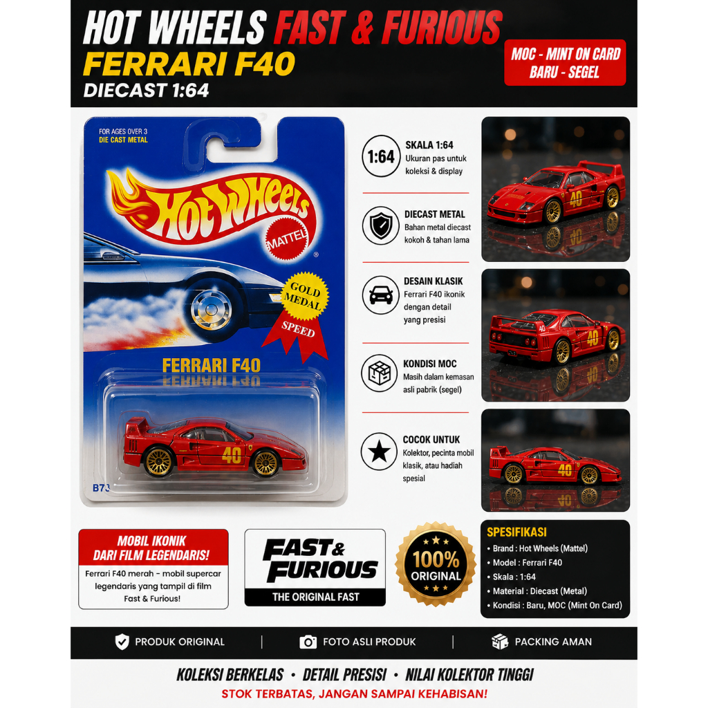 HOT WHEELS (RARE) Ferrari F40 Gold Medal Velg Kancing Gold Mint Condition 1/64