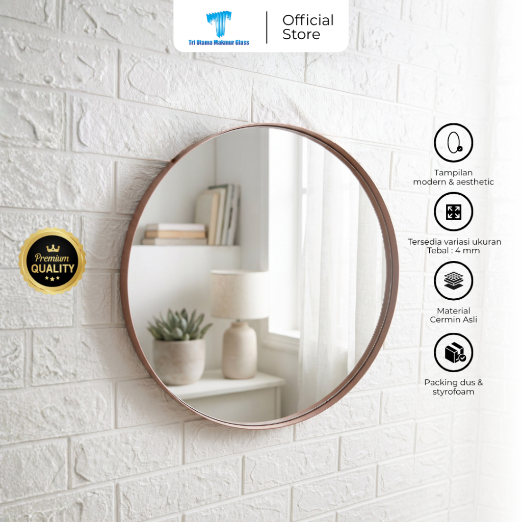 Cermin Kaca Dinding Bulat Polos 50x50 Bingkai Kayu Aesthetic Rias Wastafel Custom Lis HPL