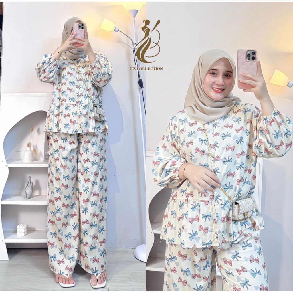ONE SET RAFELLA RAYON REMPEL SETELAN WANITA MOTIF KEKINIAN.FULL KANCING