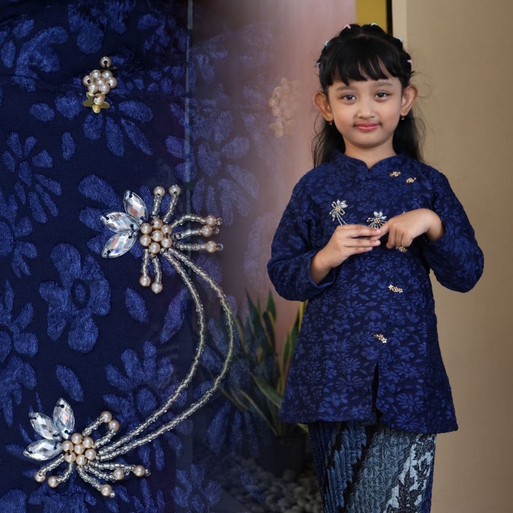 BEST SELLER! Kebaya Anak Brukat Janggan Premium Warna Navy | Elegan & Nyaman Dipakai set kebaya anak