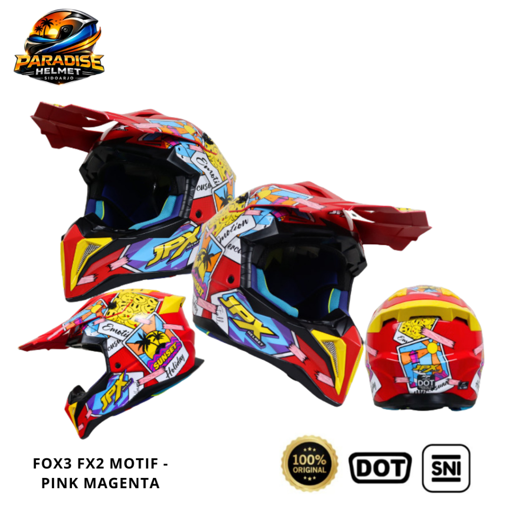 Helm Full Face Cross Pria Wanita Harian Motor Trail Tebal Nyaman SNI DOT JPX FOX3 FX2 Motif - Pink M