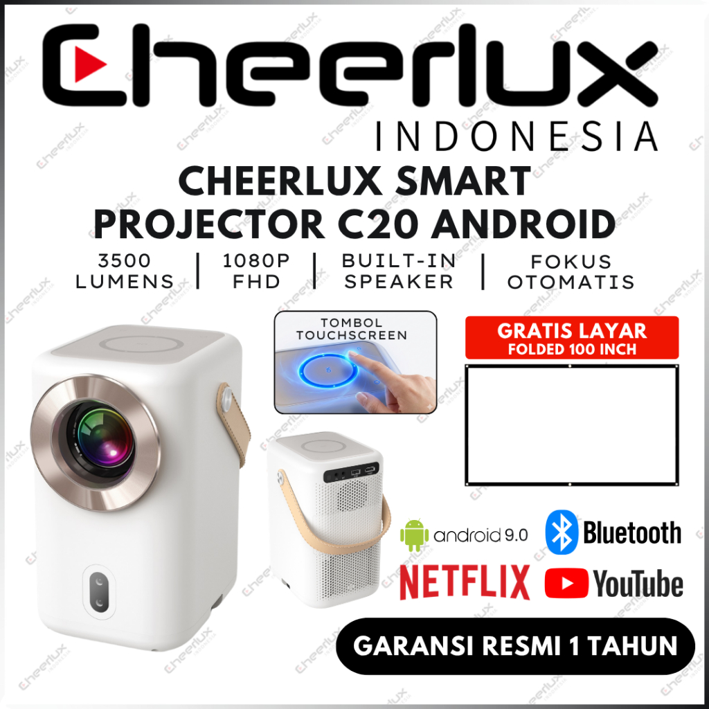 Smart Proyektor LCD CHEERLUX C20 Android TV 9 - 3500 Lumens - TOUCH SCREEN BUTTON  - Auto Focus