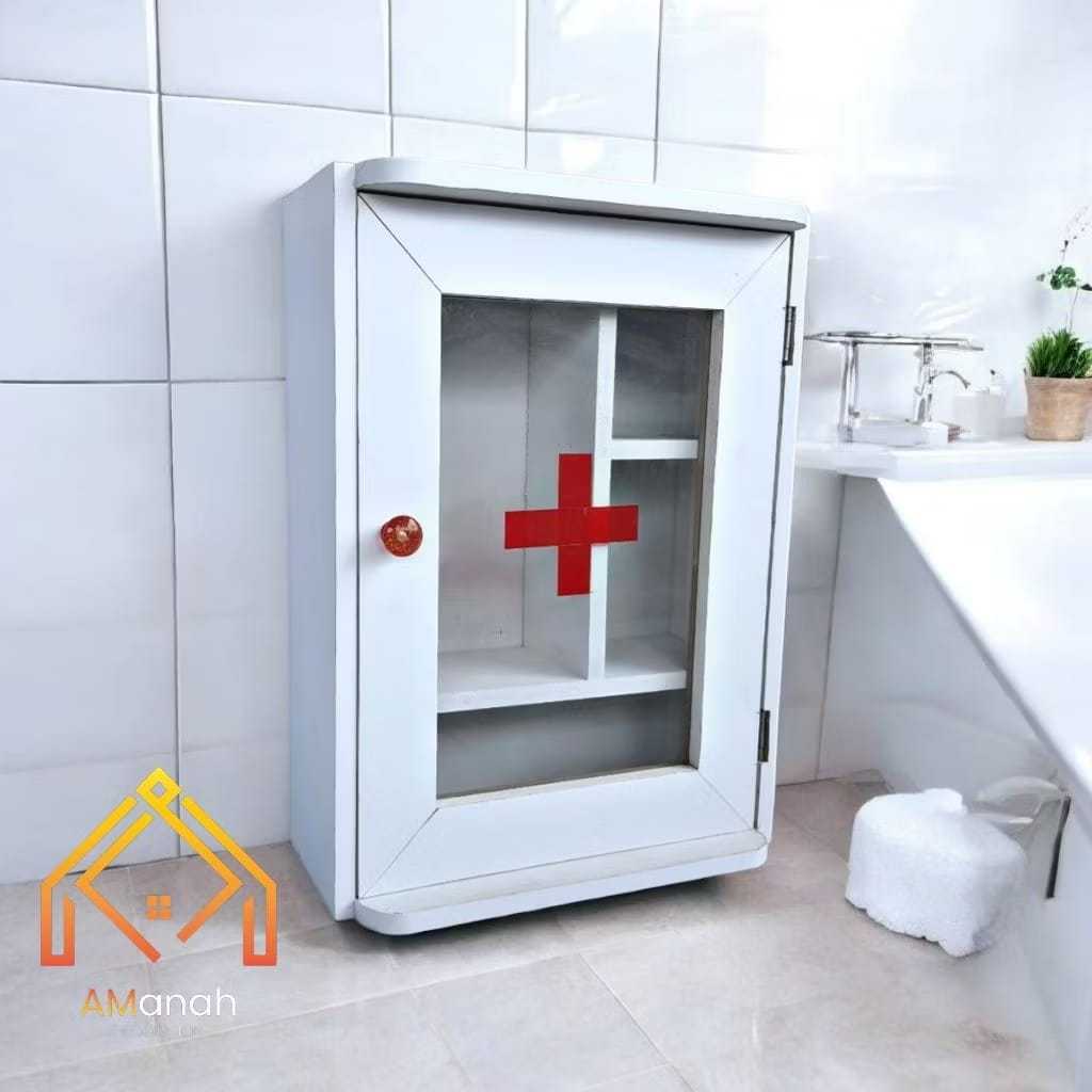 Kotak Obat P3K Kayu Putih Medis - Rak Penyimpanan Obat Gantung Rka205