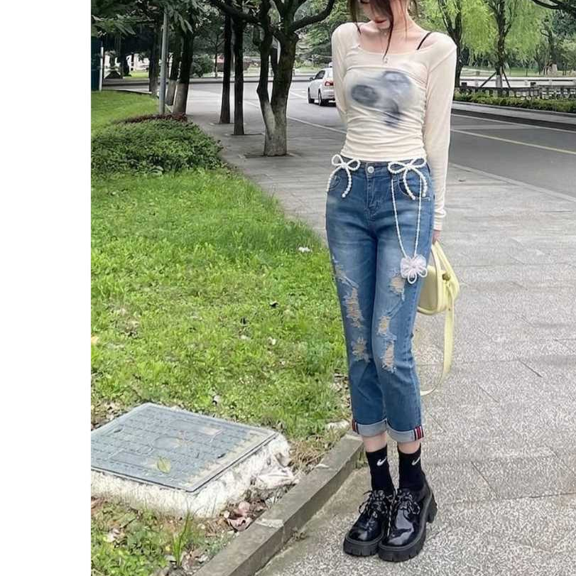 Celana Ripped Jeans (Armani Exchange) Low Waist Stretch Wanita 7/8 Modis Kekinian