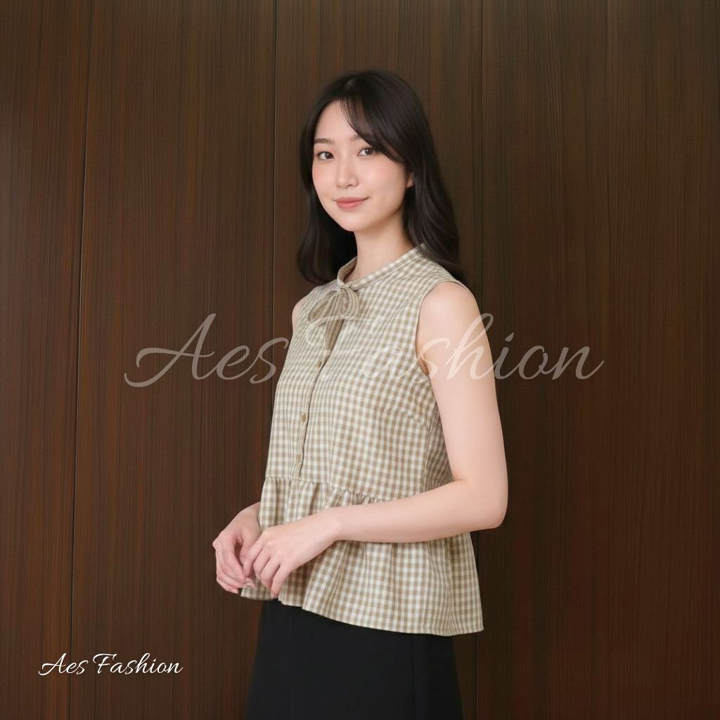 Gia Vest - Atasan Wanita Gingham Tanpa Lengan Vest Kekinian Pita Depan Inner Korea Peplum Top