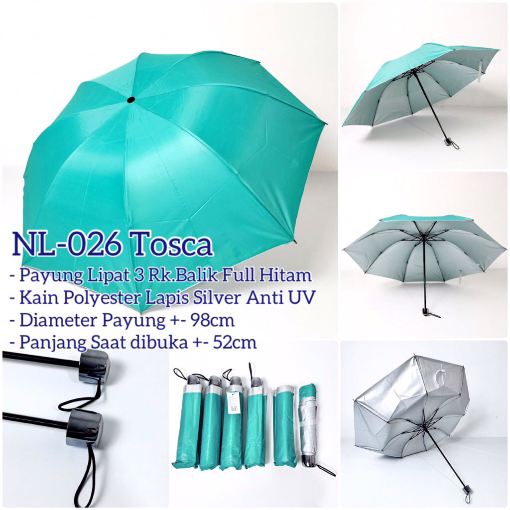 Payung Lipat 3 polos lapis chrome,payung promosi,payung partai,payung UV lapis silver,payung cantik,