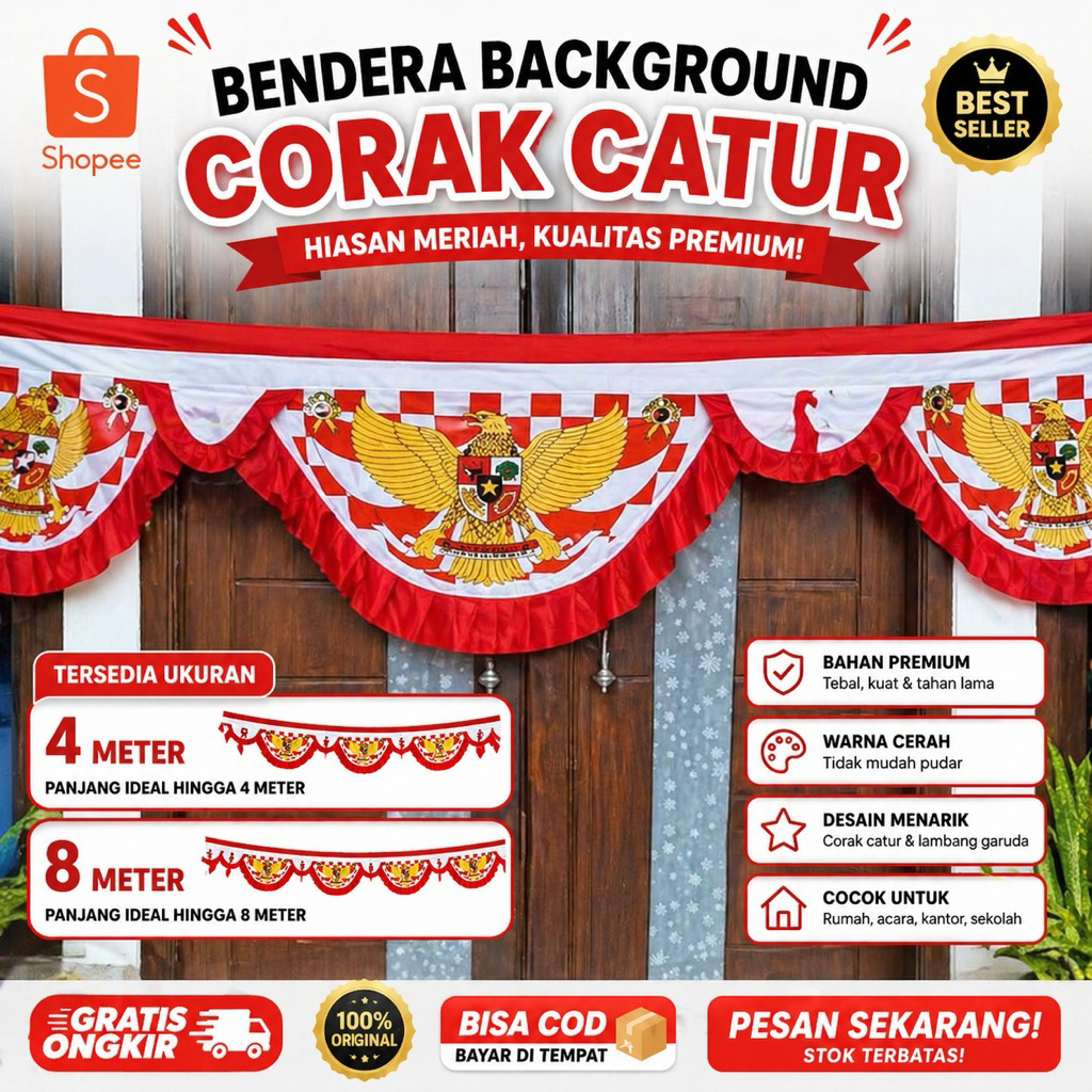 Bendera Background Corak Catur 4M & 8M | Umbul-Umbul 17 Agustus Merah Putih Dekorasi Kemerdekaan Pre