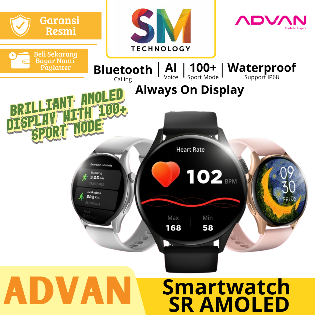 Advan Smartwatch SR AI Voice Assistant Amoled 1.43” Bluetooth Call Waterproof IP68 AOD DisplayAmoled