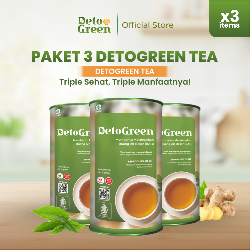 DETOGREEN Paket Teh Herbal Alami Atasi Sembelit Perut Kembung & Susah BAB 3 PCS