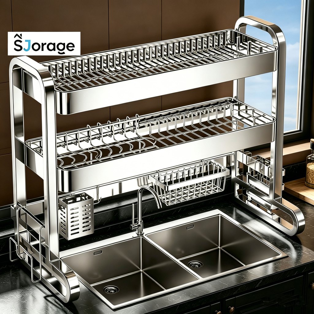 NEW SJORAGE 2 Susun Rak Piring Atas Wastafel Dapur Stainless Steel Minimalis Rak Dapur Serbaguna