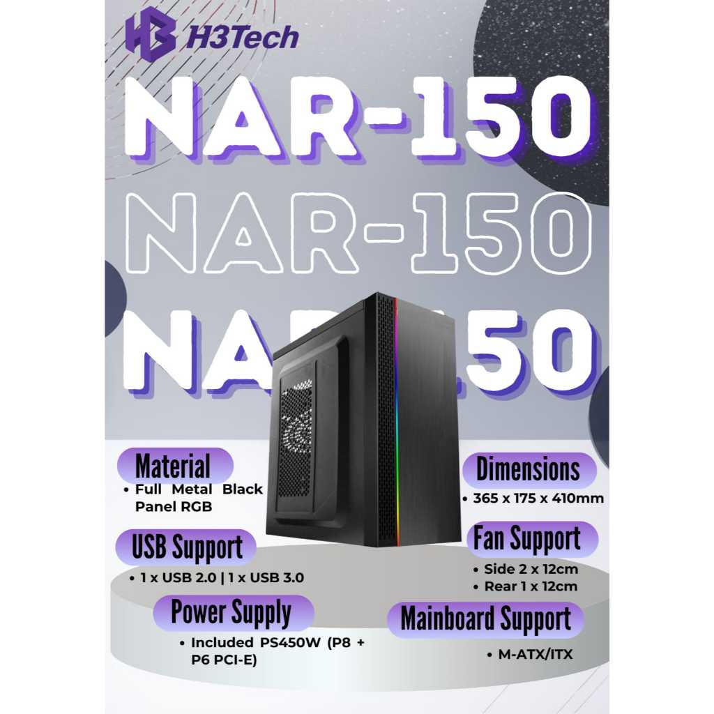 CASING PC Komputer H3Tech NAR-150 RGB INCLUDE PSU 450W - Case PC RGB Powersupply 450W