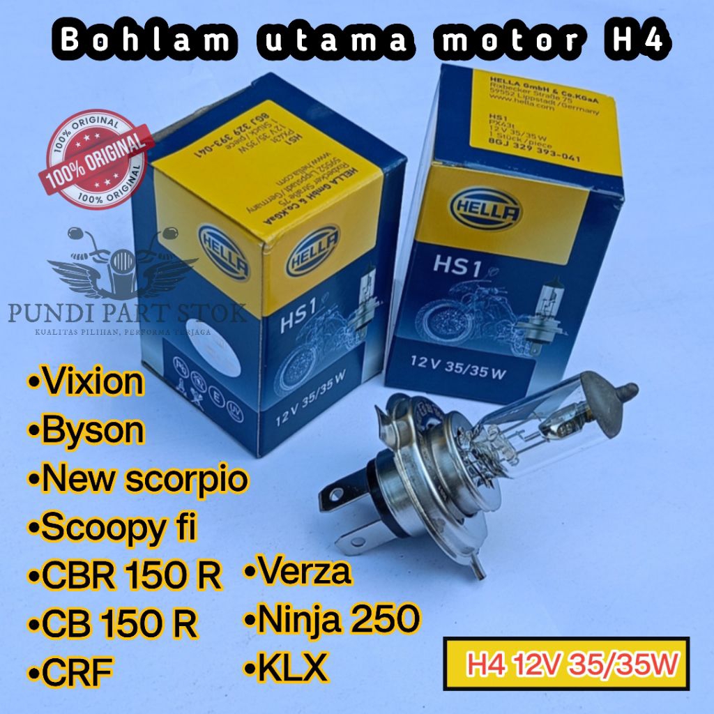 Bohlam lampu standar depan motor halogen H4 Hella 35/35W
