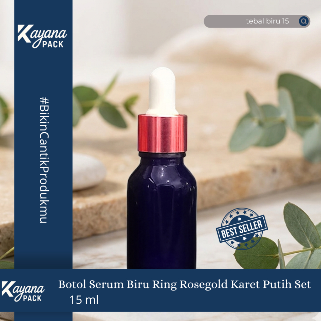 BOTOL PIPET TETES SERUM TEBAL BIRU 15ML RING ROSEGOLD KARET PUTIH /  BOTOL TEBAL BIRU 15 ML (TEBAL B