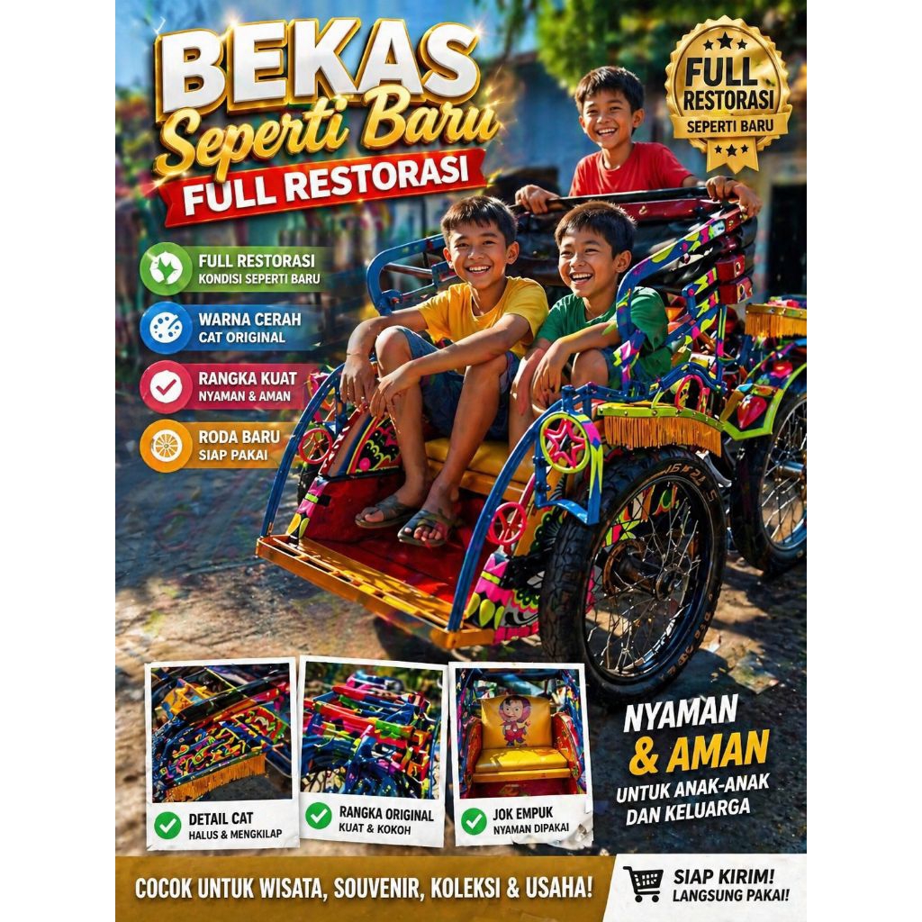 Becak Mini uk 16in || becak jadul mini mainan anak2 (bekas rasa baru) 100% mulus