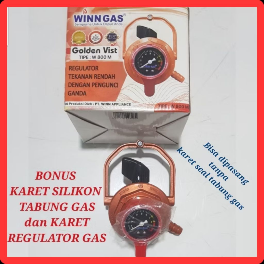 Regulator Gas Winn Gas W 800 M Golden Vist Pengunci Ganda Double Lock Manometer SNI + Bonus Karet Si