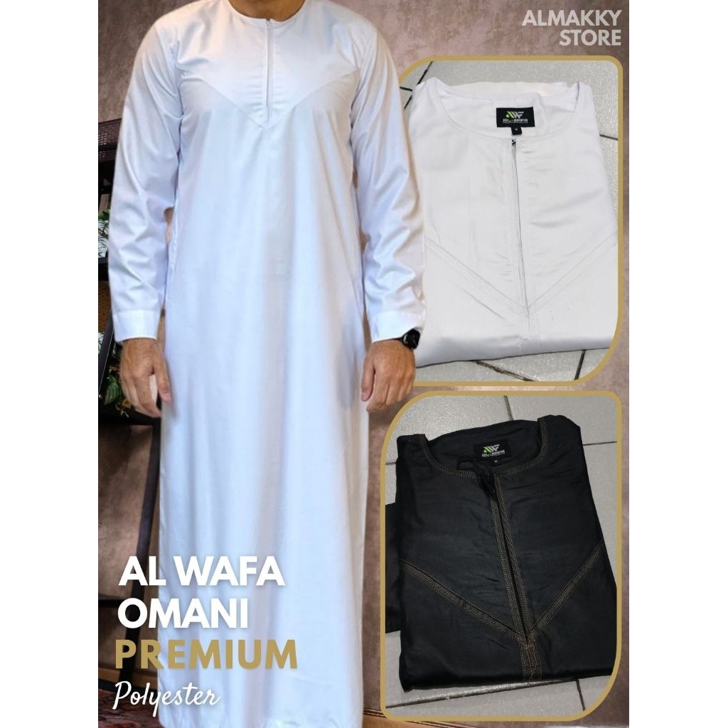 Jubah Omani Alwafa Polyester Korea - Gamis Pria Polos Oblong Hitam Putih Premium Al Wafa Almakky Sto